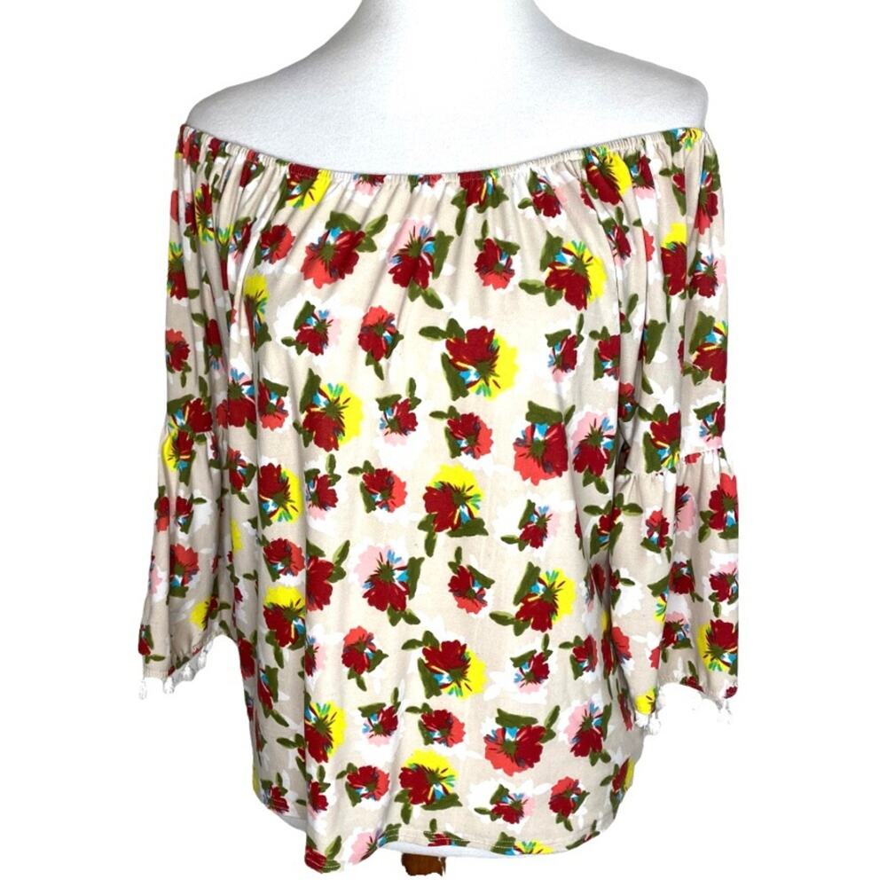 Umgee Soft Floral Off- Shoulder Boho Floral Blouse with Tassel Sleeves